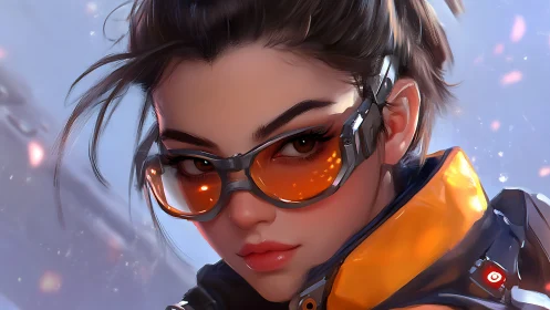 Futuristic woman in orange visor with cyberpunk details.