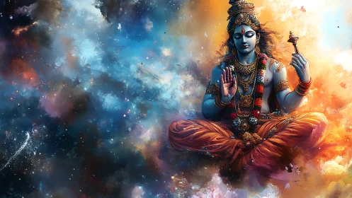 Blue-skinned deity figure sits cross-legged in cosmic clouds