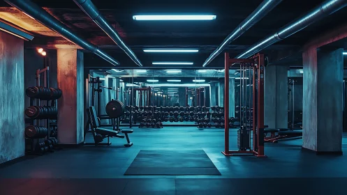 Moody underground gym glowing with calm workout energy.