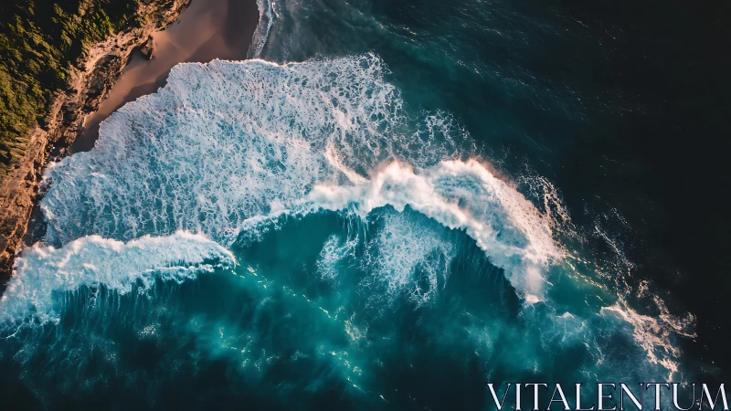 Aerial wave crest dynamics against sunlit coastal cliff