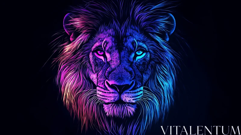 Neon-banded lion portrait renders symmetrical bioluminescent mane