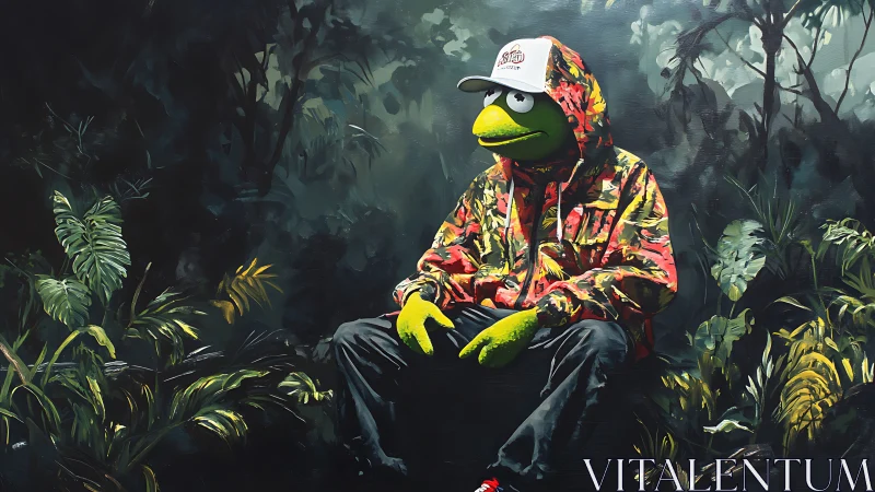 Streetwise frog lounges in neon jungle shadows at dusk.