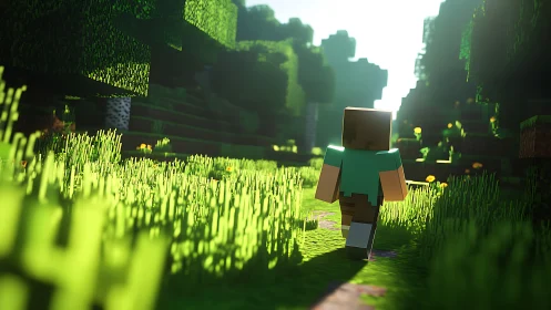 Blocky character walks through sunlit voxel forest path
