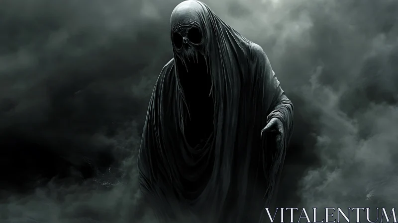Shrouded wraith emerging from swirling storm fog banks.