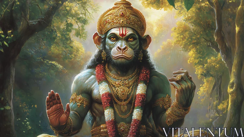 Divine simian deity radiates calm power in sunlit forest