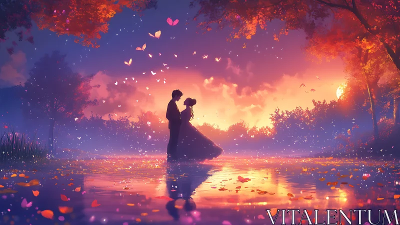 Luminescent Lovers Dance. Twilight Water Magic Moment.