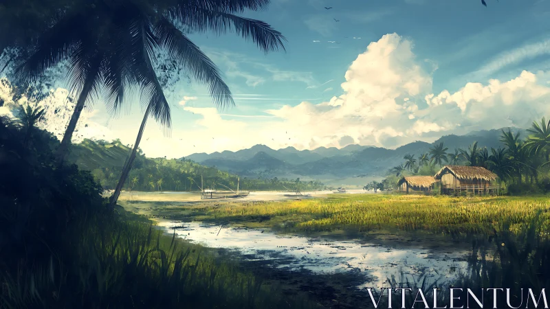 Tropical valley settlement with rice paddy landscape, mountains and palm trees