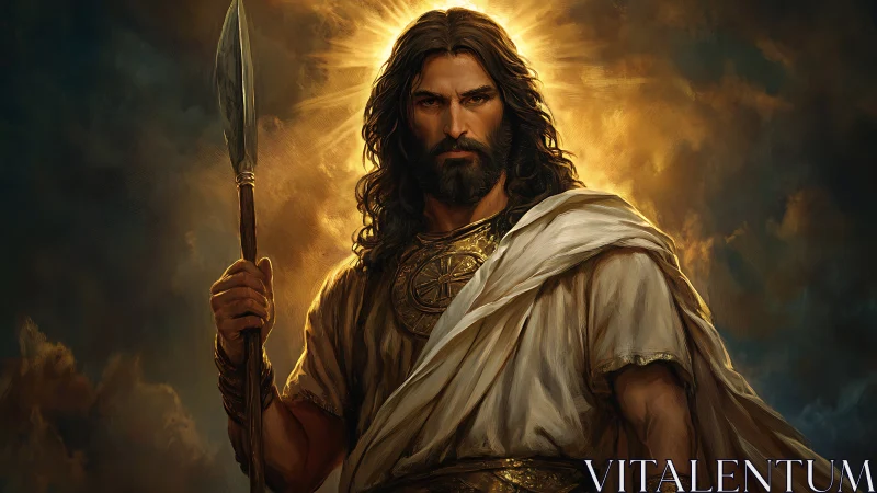 Radiant warrior in golden light holding a solemn spear.