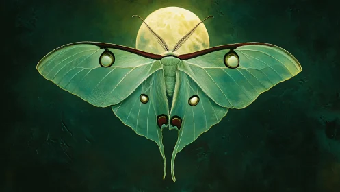 Luna moth nocturne against lunar backlight, digital painting.