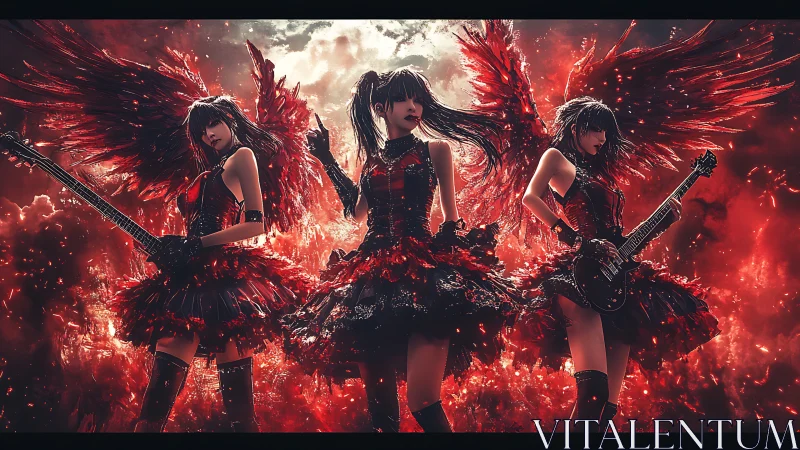 Triad of winged rock performers in red-black infernal stage light