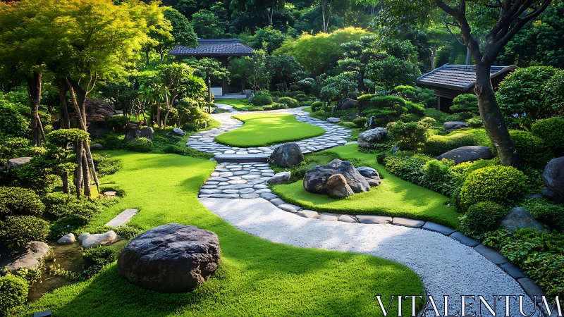 Serene landscaped garden with winding stone and gravel paths.