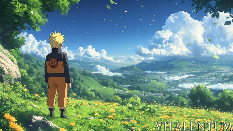 Blond ninja daydreams above a sunlit valley of clouds.