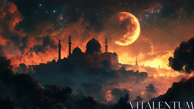 Silhouetted domed city beneath enlarged moon at dusk sky.