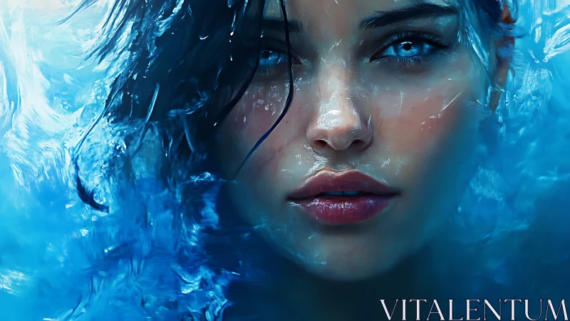 Blue gaze rising through water, a calm electric presence.