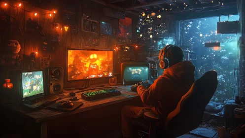 Person sits at multi-screen gaming desk in dim lit room