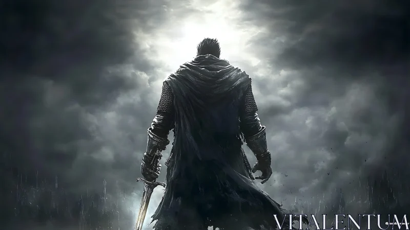 Lone cloaked swordsman advances toward luminous storm horizon