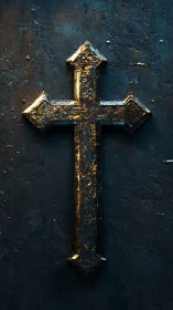 Weathered golden metal cross glows on dark textured wall.