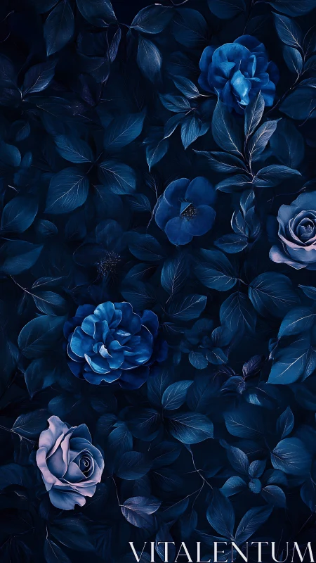 Deep Blue Floral Garden. Nocturnal Blooms in Monochromatic Palette.
