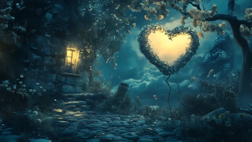 Magical Heart-Shaped Portal in Moonlit Forest Ruins