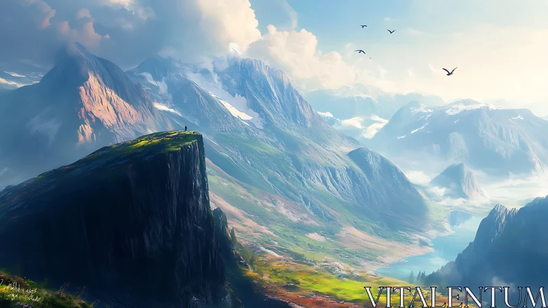 Solitary summit dreamer above painted alpine kingdom.