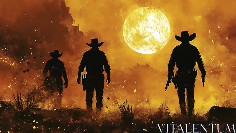 Silhouetted cowboys advance under blazing desert moon.
