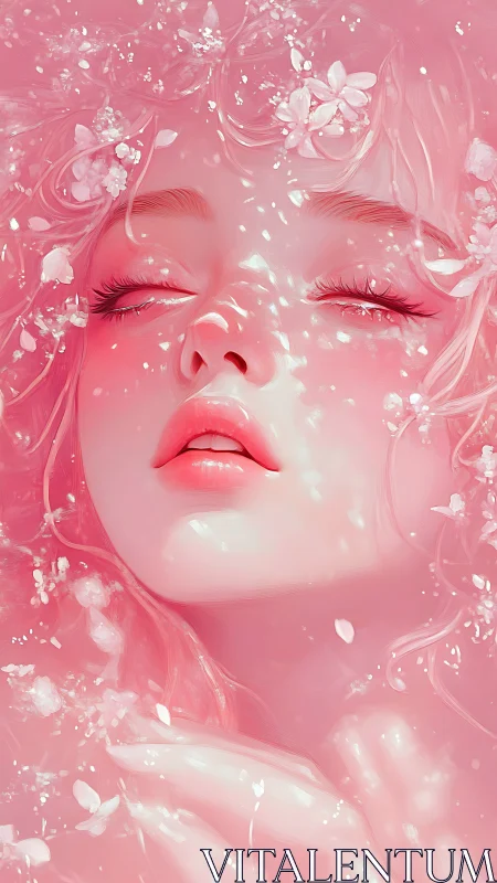 Ethereal pink portrait with luminous floral water reflections.