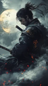 Samurai warrior stands in profile within dense lunar fog