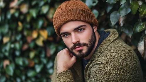 Bearded man in knit beanie rests calmly by leafy backdrop.