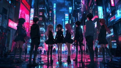 Teenage group stands in neon city street under rain