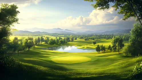 Lush golf course landscape with lake and distant mountains.