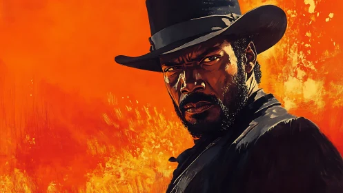 Smoldering gunslinger portrait against blazing orange fury.