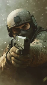 Tactical soldier aiming sidearm through dense battlefield haze.