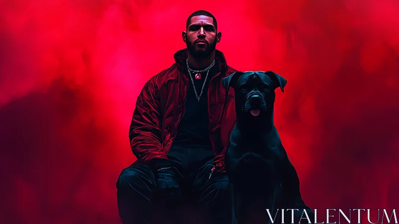 Brooding man with black dog amid neon red haze.