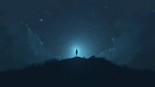 Silhouetted figure on hillcrest under star-dense nocturnal sky