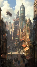 Steampunk aerial corridor over vertically dense market street.