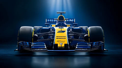 Electric blue race car poised under dramatic studio lights.