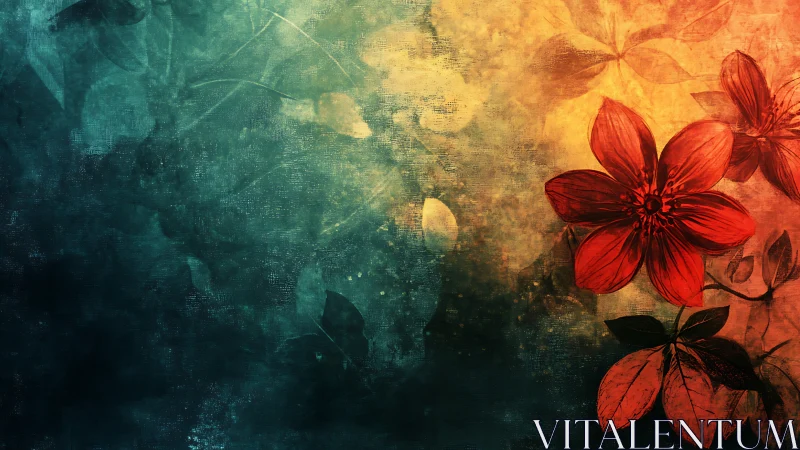 Digital botanical artwork depicting red flowers with atmospheric gradient transitioning through warm