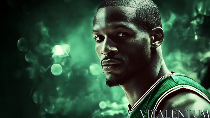 Emerald court lights carve a focused baller from the haze