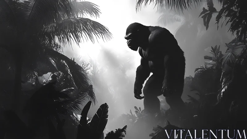 Mighty gorilla pauses in a misty jungle flooded with light