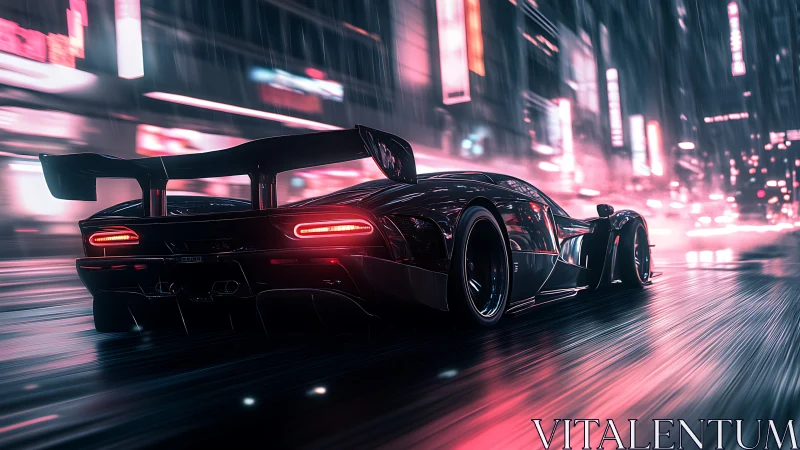 Hypercar rear view in neon drenched rainy cyberpunk megacity