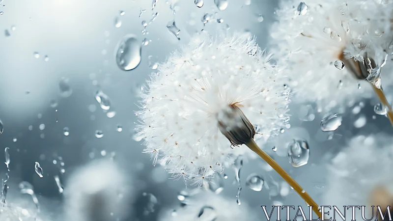 Dandelion Caught in Liquid Silence: Water Droplets Defy Gravity
