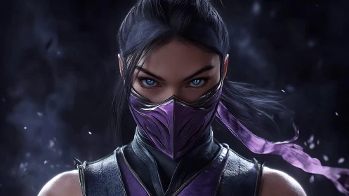 Masked warrior in purple armor with intense blue gaze.