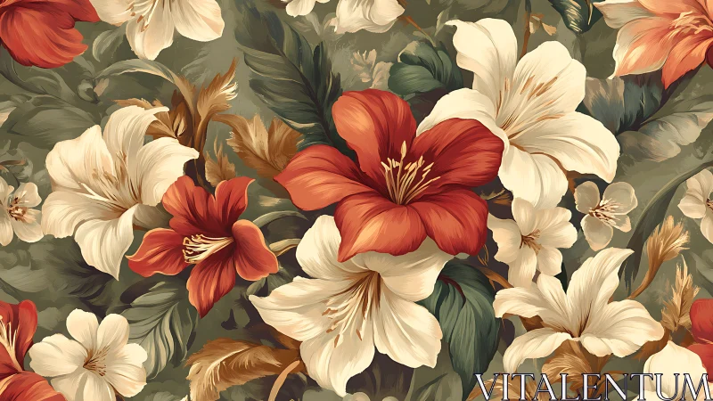 Vintage Floral Arrangement with Red Lilies and Cream Blooms