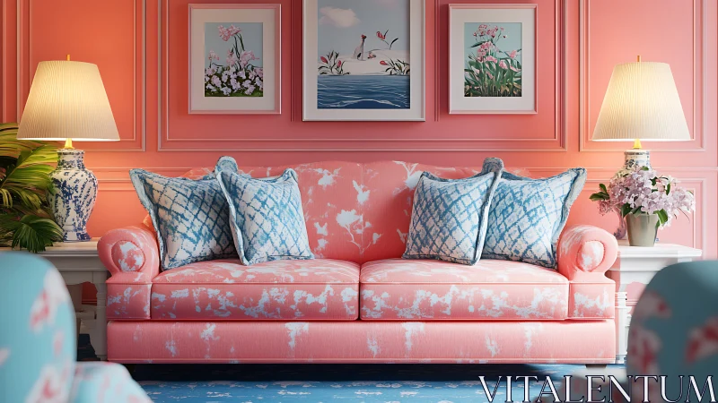 Coral sofa anchors symmetrical coastal living room design.