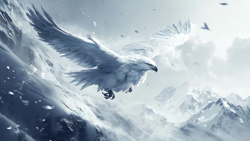 Majestic White Eagle Soaring Over Snowy Mountain Peaks, Digital Art.