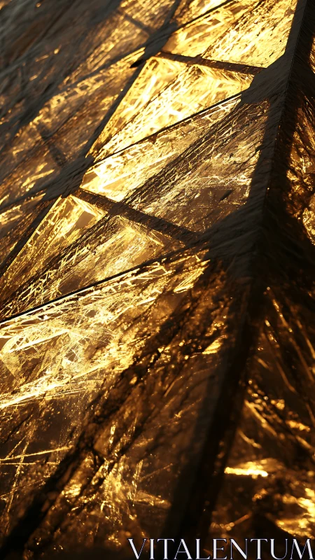 Golden geometric panels reflect fractured warm light