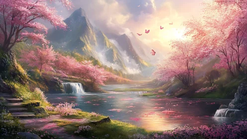 Whispering cherry valley and butterfly-kissed sunrise waters.