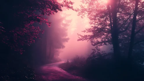Misty Forest Path with Ethereal Pink Luminescence. Digital Dawn.