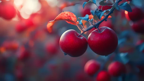 Ripe red apples glow on a branch in soft evening light.