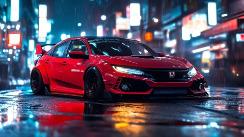 Red tuned Honda Civic in neon-lit rainy night street scene.